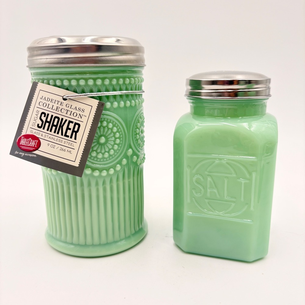 TableCraft Jadeite Glass Sugar & Salt Shaker Set Mint Green Stainless HJ810